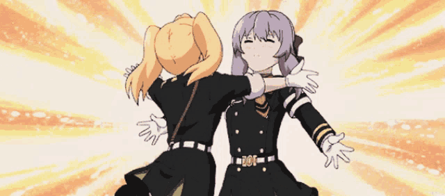two anime girls are hugging each other and one has a belt with a buckle that says doc