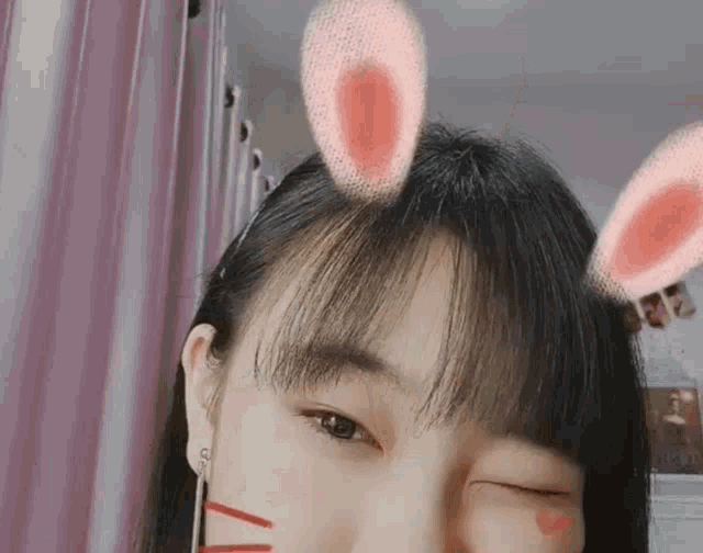 a close up of a girl 's face with bunny ears on her head .