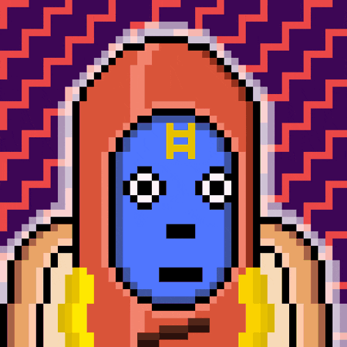 a pixel art drawing of a hot dog with a blue face and a yellow letter f on it