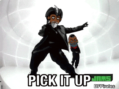 a picture of a man dancing with the words pick it up jams below him