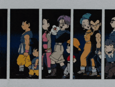 a group of cartoon characters are standing in a row