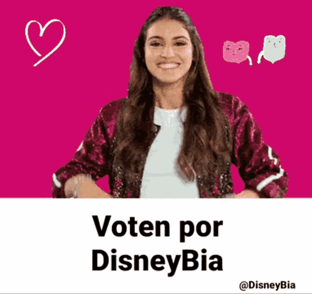 a woman in a sequined jacket is smiling in front of a sign that says voten por disney bia