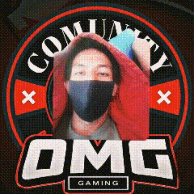 a man wearing a mask is holding a phone in front of a logo for omg gaming