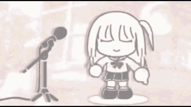 a cartoon girl is singing into a microphone on a stage .
