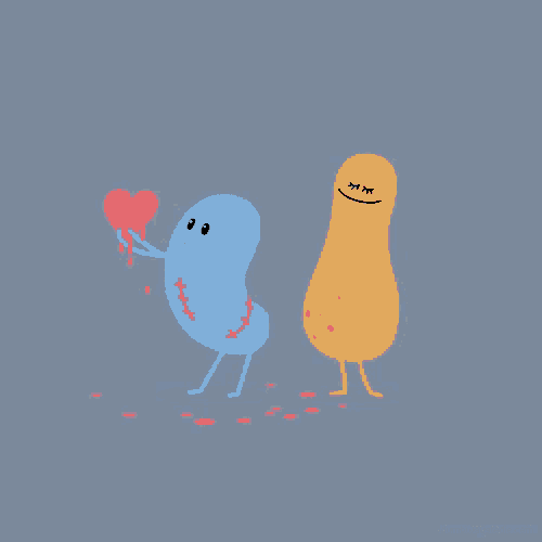 a blue cartoon character is holding a heart next to a yellow cartoon character