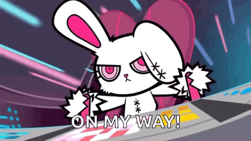a cartoon rabbit is holding a heart and says `` on my way '' .