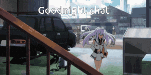 a girl with purple hair is walking down a set of stairs with the words " goodnight chat " above her