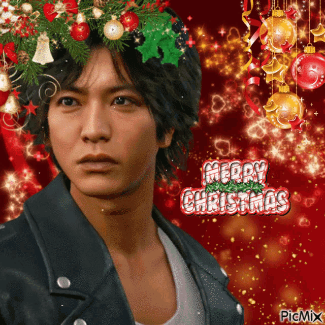 a picture of a man with a christmas wreath on his head and the words merry christmas on the bottom