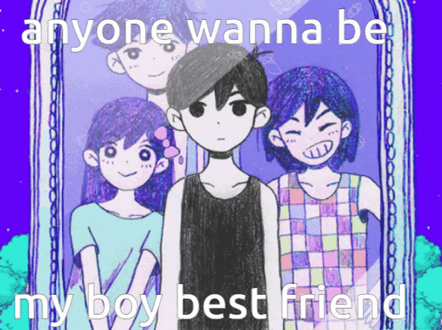 a drawing of a boy and three girls with the caption " anyone wanna be my boy best friend "