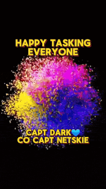 a poster that says happy tasking everyone with a colorful background