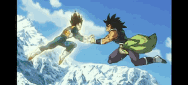 a couple of cartoon characters holding hands in the air .