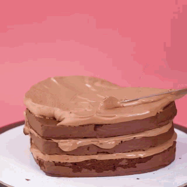a chocolate cake is being frosted on a plate