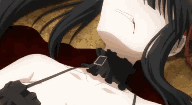 a girl with black hair and a black choker is laying down