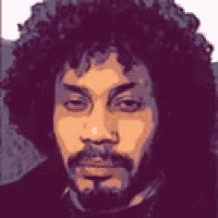 a man with curly hair and a beard is looking at the camera in a cartoon .