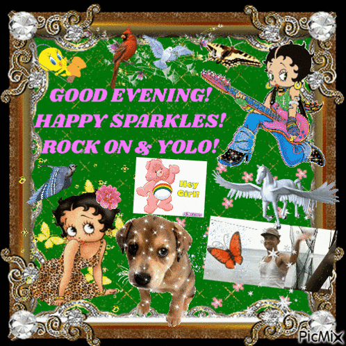 a picture of betty boop and a dog says good evening happy sparkles rock on & yolo