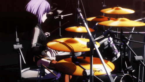 a girl with purple hair is playing drums with a paiste drum set