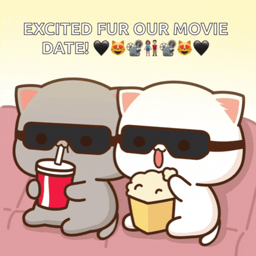 two cartoon cats wearing 3d glasses are sitting next to each other eating popcorn and drinking soda