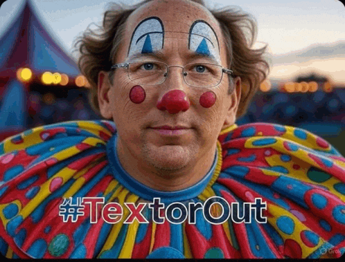 a man dressed as a clown with the hashtag textorout