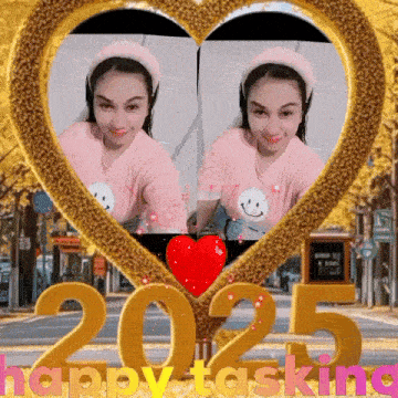 a picture of a woman in a heart shaped frame with the words happy tasking on the bottom