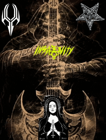 a painting of a nun holding a guitar with the words brad noir written on the bottom