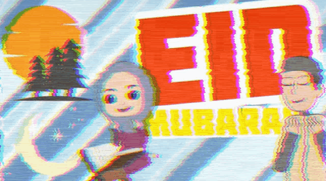 a cartoon of a woman reading a book and a man reading a book with the words eid al-abara in the background