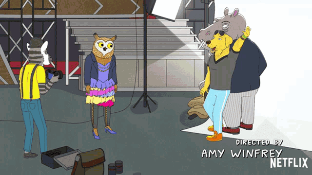 a cartoon of a man taking a picture of an owl and a hippo with netflix written on the bottom