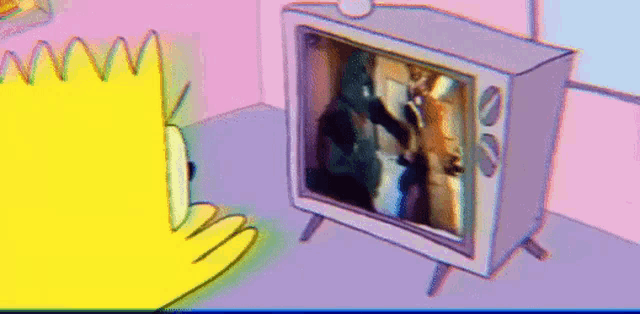 bart simpson is looking at a television with a picture of a man in a suit on it .