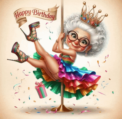 an illustration of an elderly woman on a pole with a happy birthday banner behind her