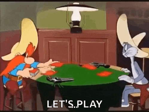 two cartoon characters are sitting at a table playing a game of poker .