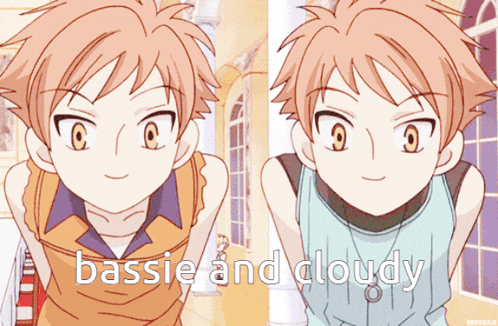 a picture of two anime characters with the words " bassie and cloudy " on the bottom