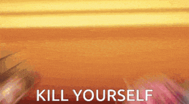 a couple of anime characters are standing under a table with the words `` kill yourself '' written in the corner .