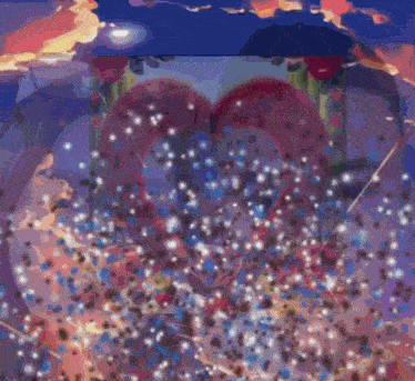 a painting of a heart surrounded by blue and pink flowers
