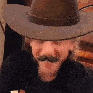 a man wearing a cowboy hat with a fake mustache on his face .