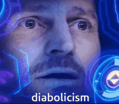 a close up of a man 's face with the word diabolicism in the upper right corner