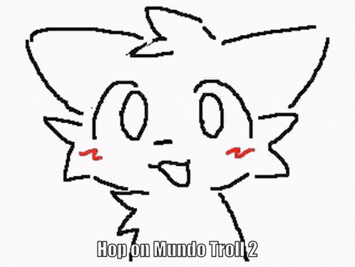 a drawing of a cat with red eyes and the words hop on mundo troll 2