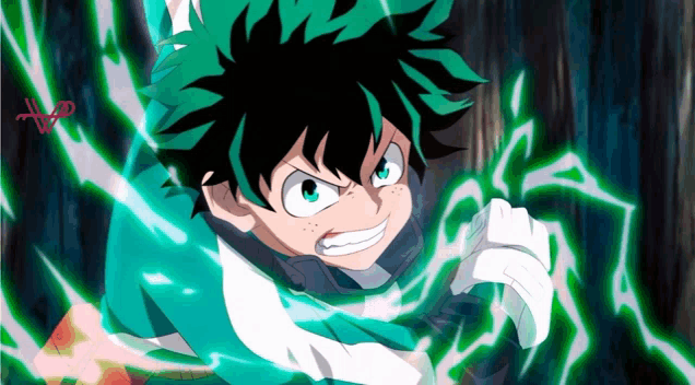 a cartoon of a boy with green hair and a white shirt