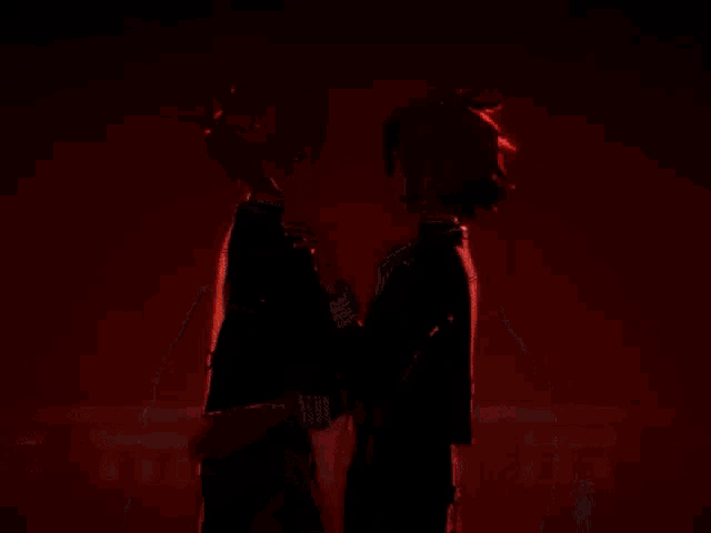 two anime characters are touching each other 's faces in front of a red circle .