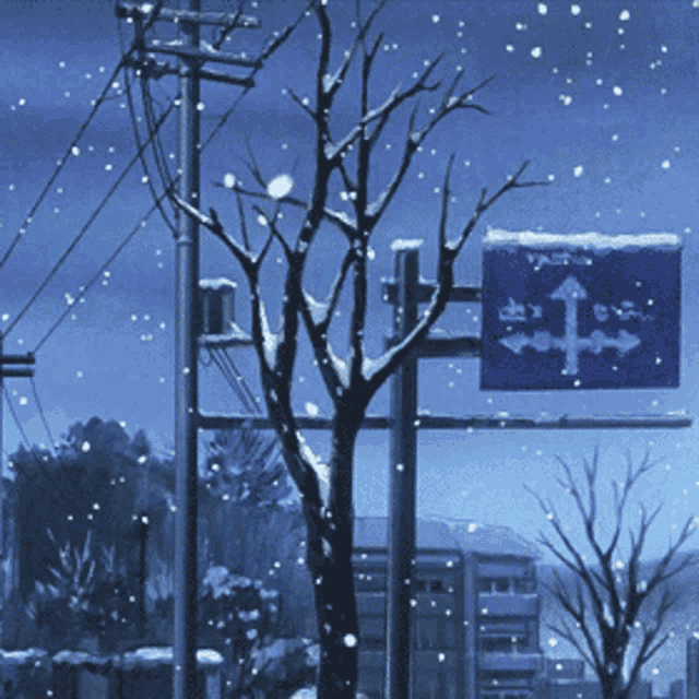 a snowy scene with a tree and a sign that says ' tokyo ' on it