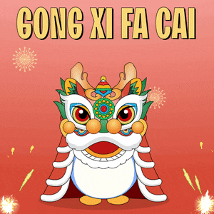 a gong xi fa cai greeting card with a cartoon dragon