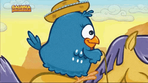 a cartoon of a blue bird wearing a cowboy hat with the words galinha pintadinha on the top