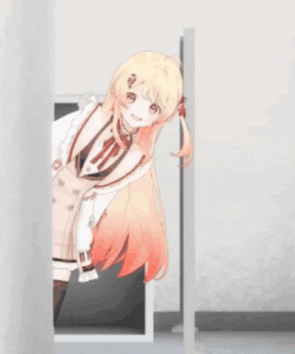 a girl with long red hair is peeking out from behind a white shelf .