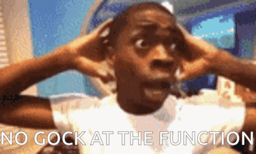 a man covering his ears with his hands with the words no cock at the function below him