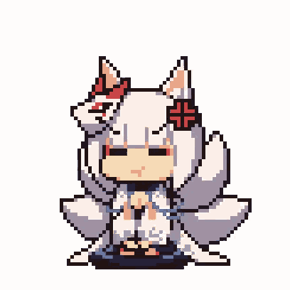 a pixel art illustration of a fox girl with white hair and red ears sitting on a table .