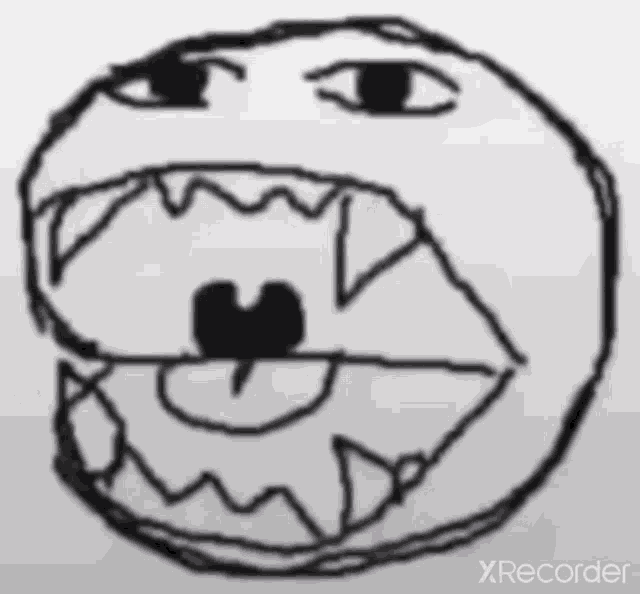 a black and white drawing of a smiley face with teeth coming out of it .