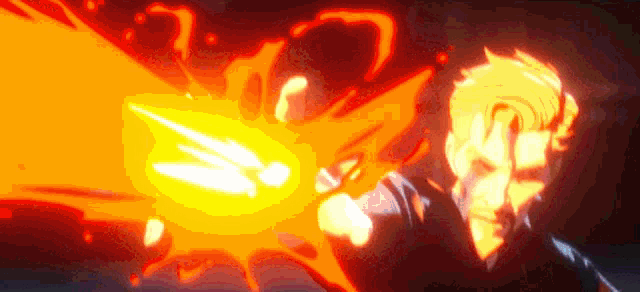 a cartoon character is holding a sword that is glowing red