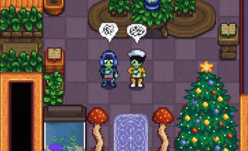 a pixel art scene with a christmas tree and a couple of characters