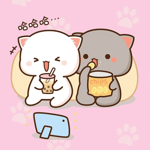 a cartoon of two cats eating chips and drinking a drink