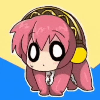 a cartoon girl with pink hair and headphones is sitting on the ground .