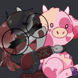 a girl with glasses is hugging a stuffed cow