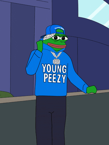 a cartoon character wearing a blue hoodie that says young eezy